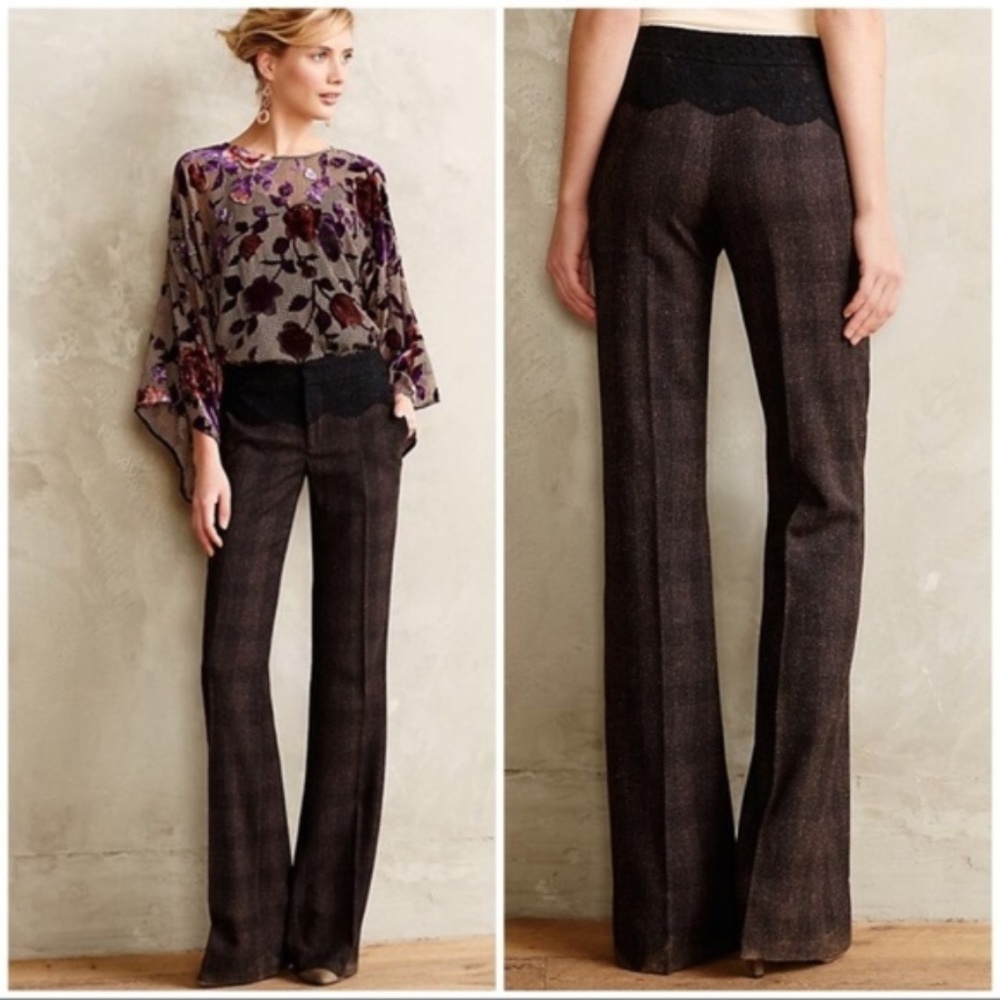Anthropologie Brighton Brown and Black Plaid Lace Trimmed Flare Trouser Pants